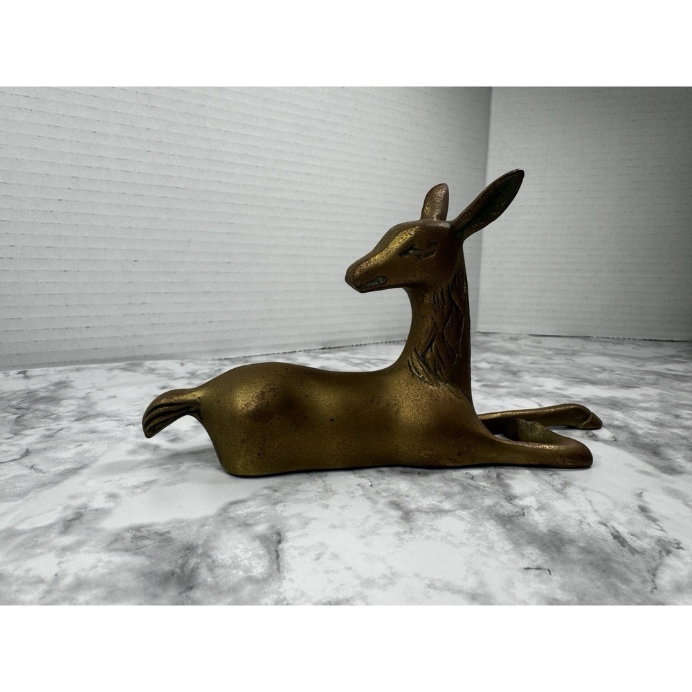 Vintage Brass Doe Deer Decor Figurine Made In Korea MCM Patina Retro